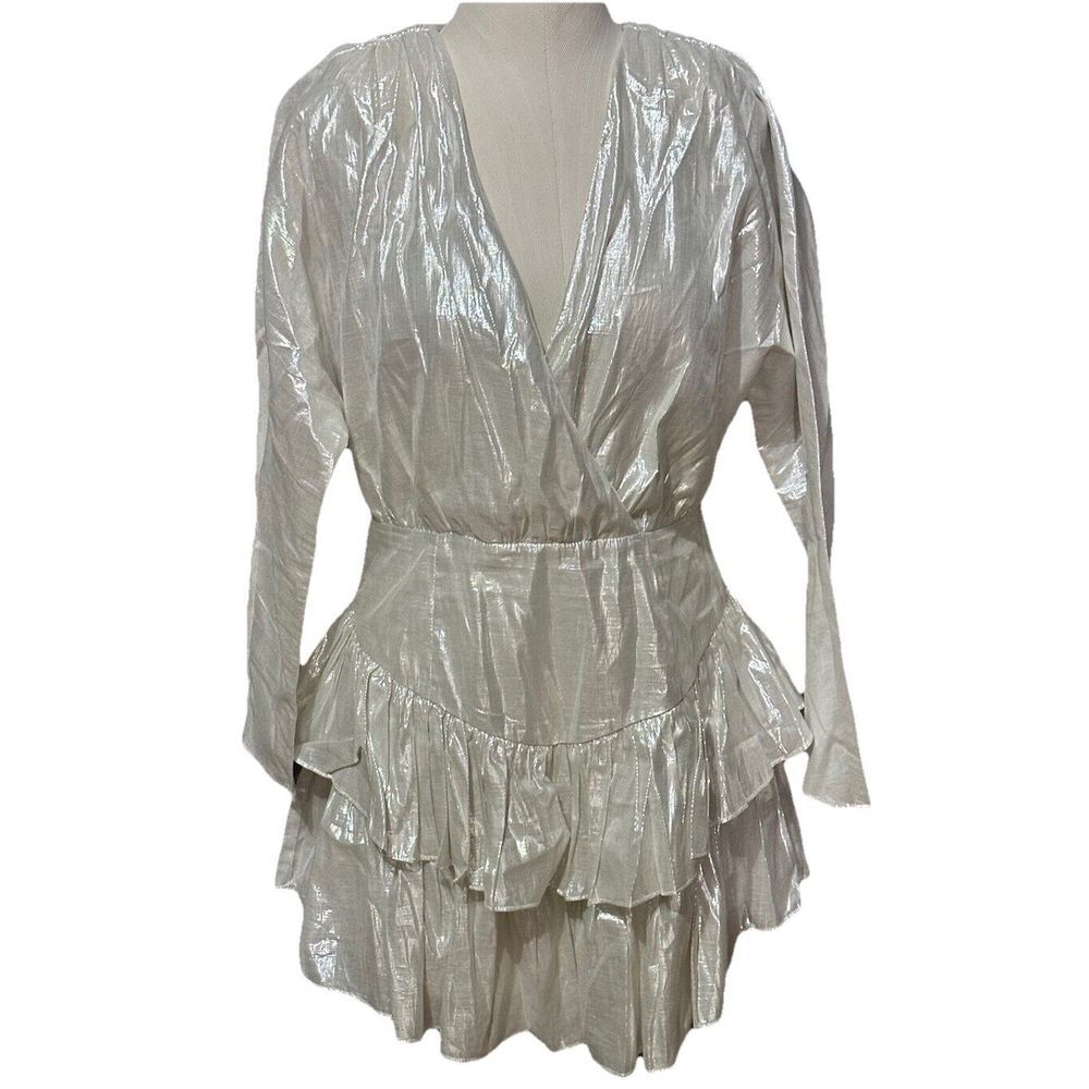 LPA Collette Dress In Platinum Womens Long Sleeve V Neck Tiered A Line Large